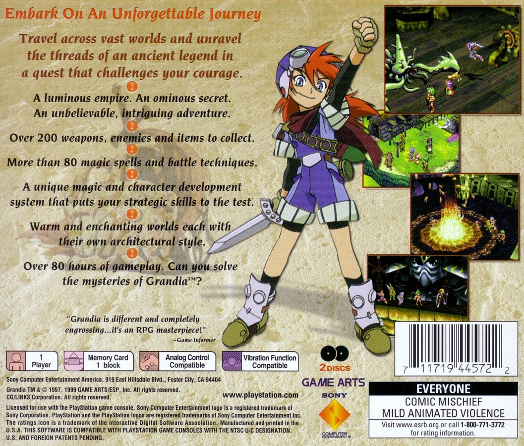 Grandia for PlayStation 1 classic JRPG featuring turn based battle system anime style story adventure exploration fantasy role playing gameplay back cover 