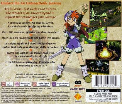 Grandia for PlayStation 1 classic JRPG featuring turn based battle system anime style story adventure exploration fantasy role playing gameplay back cover 