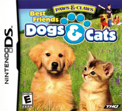 Paws & Claws Dogs and Cats Best Friends Nintendo DS cover art for retro video game featuring virtual pet care gameplay, adorable puppies and kittens, feeding and grooming activities, animal companionship, and family friendly simulation fun on the Nintendo DS handheld system