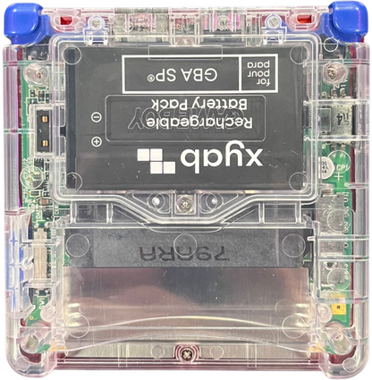 Retro GBA SP custom shell IPS mod inspired design featuring upgraded Nintendo handheld gaming console aesthetic vibrant custom housing backlit IPS display rechargeable clamshell portable system nostalgic retro gaming hardware presentation bottom
