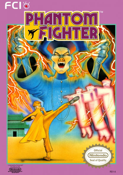 Phantom Fighter Nintendo Entertainment System NES video game featuring martial arts action gameplay ghost hunting combat supernatural enemies challenging levels side scrolling fighting action and classic 8 bit gameplay retro video game collection collectible gaming appeal front cover art