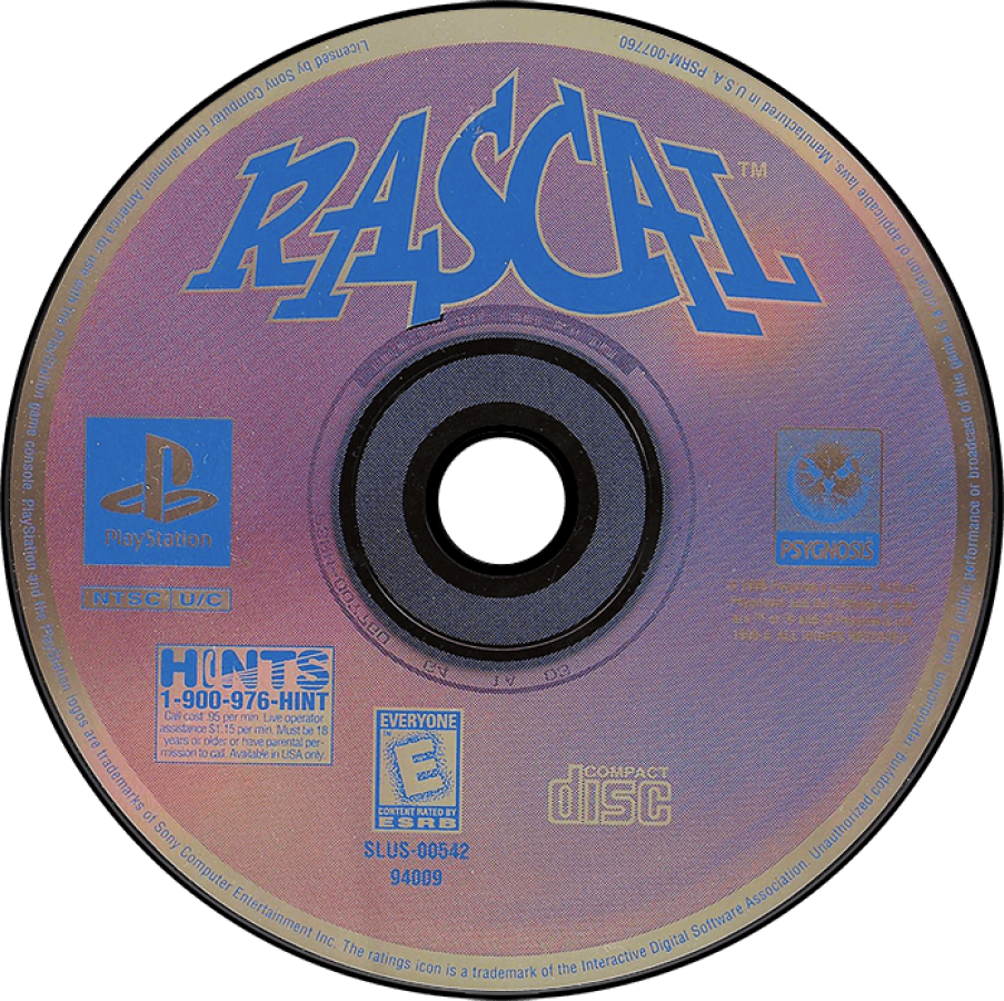Rascal 3D platformer video game for the original Sony PlayStation (PS1), featuring the mischievous time-traveling hero Rascal as he uses his bubble gun to battle enemies, explore different time periods, solve puzzles, collect items, and rescue his kidnapped inventor father across medieval castles, Atlantis, pirate ships, prehistoric worlds, the Wild West, and the Time Dimension disc