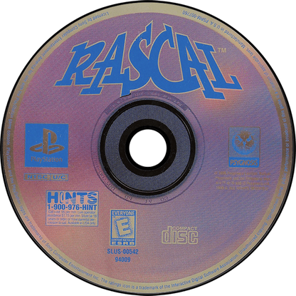Rascal 3D platformer video game for the original Sony PlayStation (PS1), featuring the mischievous time-traveling hero Rascal as he uses his bubble gun to battle enemies, explore different time periods, solve puzzles, collect items, and rescue his kidnapped inventor father across medieval castles, Atlantis, pirate ships, prehistoric worlds, the Wild West, and the Time Dimension disc