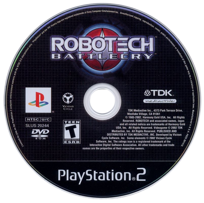 Robotech: Battlecry – PlayStation 2 (PS2) video game disc, third-person mecha action game.