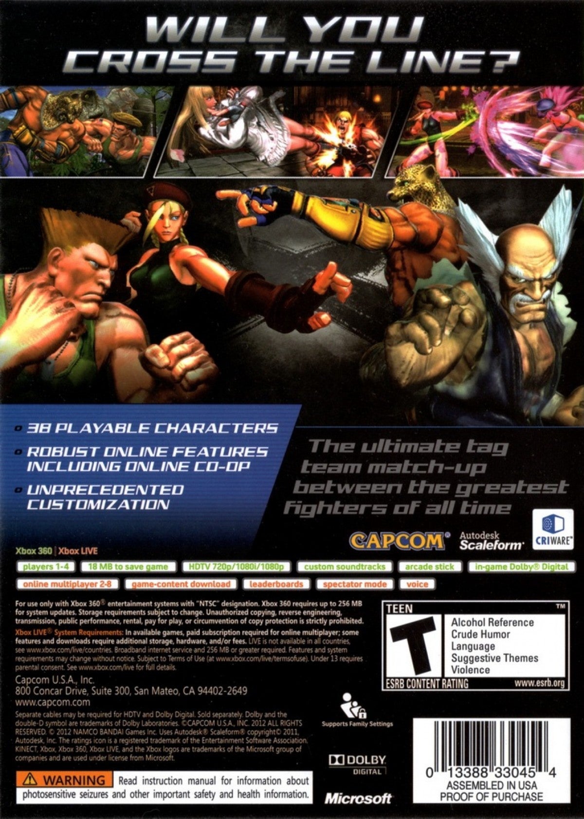 Street Fighter X Tekken for Xbox 360 fighting video game featuring tag team battles, iconic characters from both franchises, combo based combat mechanics, and competitive multiplayer gameplay experience back cover art
