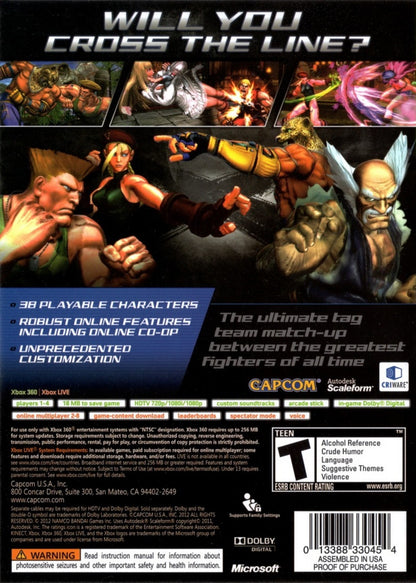 Street Fighter X Tekken for Xbox 360 fighting video game featuring tag team battles, iconic characters from both franchises, combo based combat mechanics, and competitive multiplayer gameplay experience back cover art
