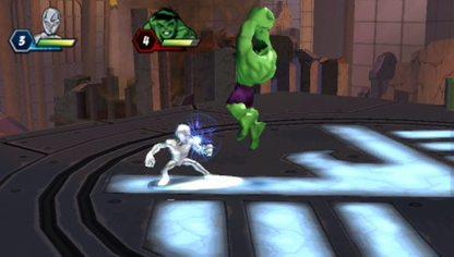 Marvel Super Hero Squad PlayStation Portable inspired design featuring colorful superhero action adventure aesthetic chibi Marvel character style lighthearted combat team based missions comic book inspired environments accessible gameplay and portable arcade style presentation gameplay  