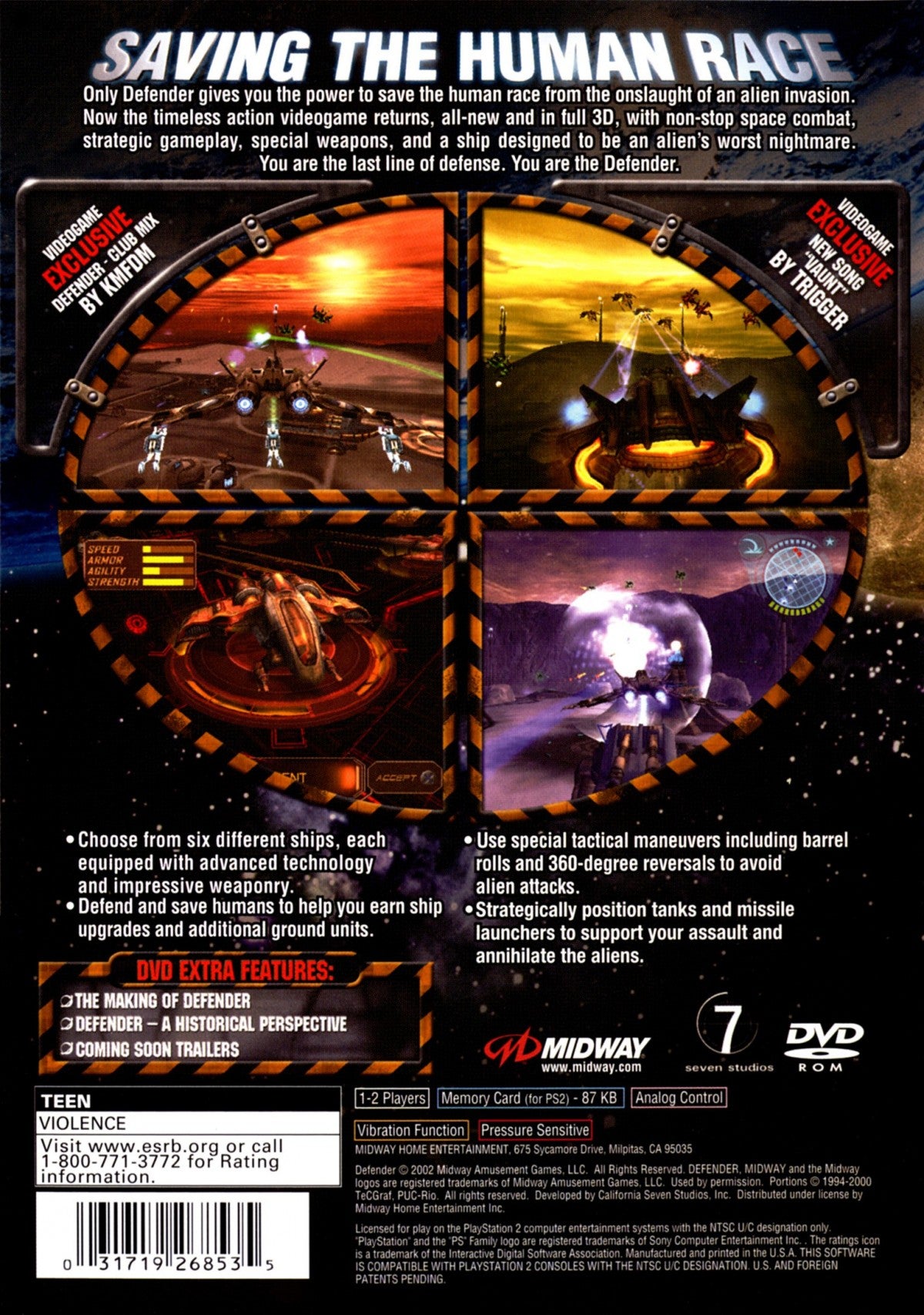 Defender PS2 Sony PlayStation 2 space shooter arcade style remake of classic Defender horizontal scrolling shoot em up alien waves fast paced action rescue humans defense gameplay retro gaming PlayStation 2 software video game title back cover art