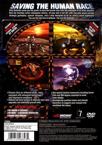 Defender PS2 Sony PlayStation 2 space shooter arcade style remake of classic Defender horizontal scrolling shoot em up alien waves fast paced action rescue humans defense gameplay retro gaming PlayStation 2 software video game title back cover art