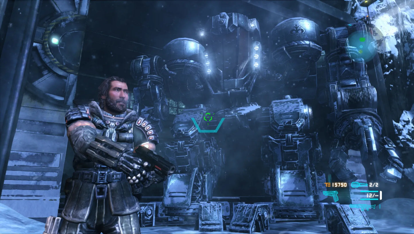 Lost Planet 3 Xbox 360 inspired design featuring sci fi survival shooter aesthetic frozen alien planet exploration industrial mech equipment hostile creature encounters cinematic action combat futuristic colonization atmosphere nostalgic Capcom gameplay presentation gameplay