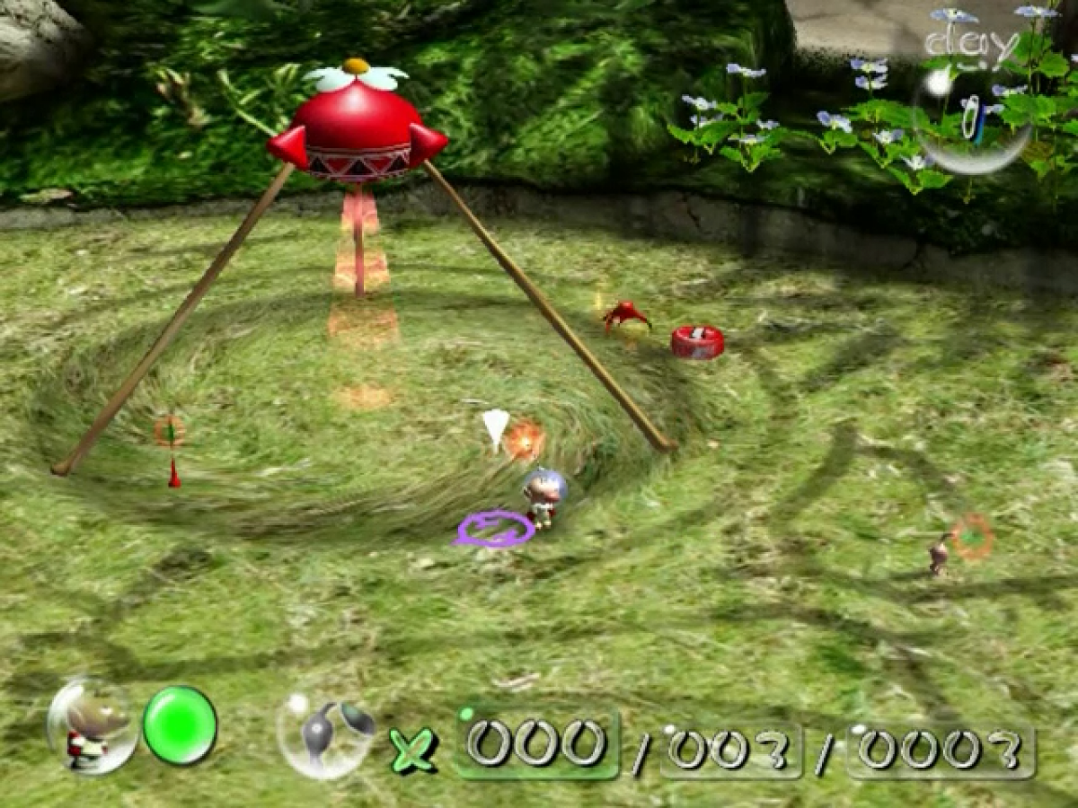 Pikmin gameplay for Nintendo GameCube (GC) real-time strategy adventure video game