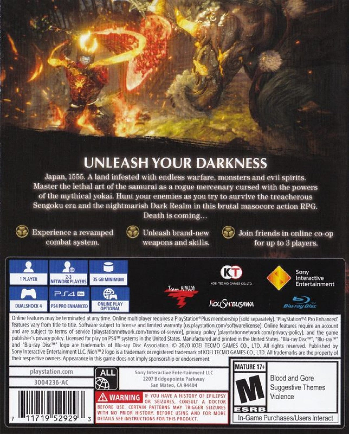 Nioh 2 – PlayStation 4 (PS4) action role-playing game back of case, dark samurai fantasy setting