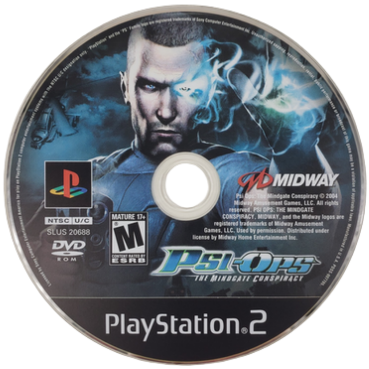 Psi-Ops The Mindgate Conspiracy PS2 Sony PlayStation 2 third person action shooter psychic powers telekinesis mind control fire manipulation stealth combat Midway Games sci fi conspiracy story driven gameplay retro gaming PlayStation 2 software video game title disc
