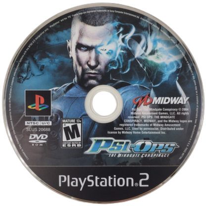Psi-Ops The Mindgate Conspiracy PS2 Sony PlayStation 2 third person action shooter psychic powers telekinesis mind control fire manipulation stealth combat Midway Games sci fi conspiracy story driven gameplay retro gaming PlayStation 2 software video game title disc