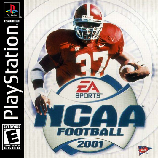 NCAA Football 2001 PlayStation 1 PS1 video game, college football sports simulation, realistic gameplay, team management and multiplayer modes, console title front cover