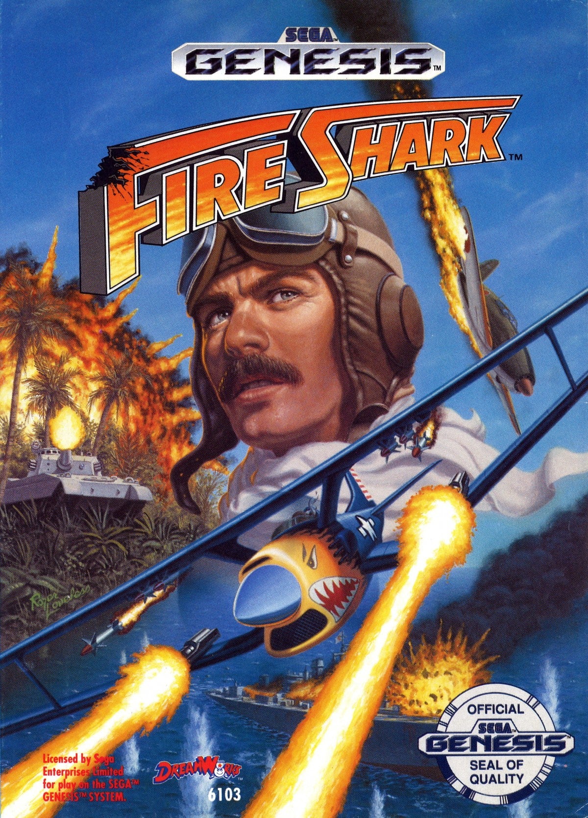 Fire Shark Sega Genesis GEN for retro video game enthusiasts featuring classic vertical scrolling shoot em up gameplay aerial combat powerful weapon upgrades intense enemy waves challenging boss battles arcade style action and collectible gaming appeal front art