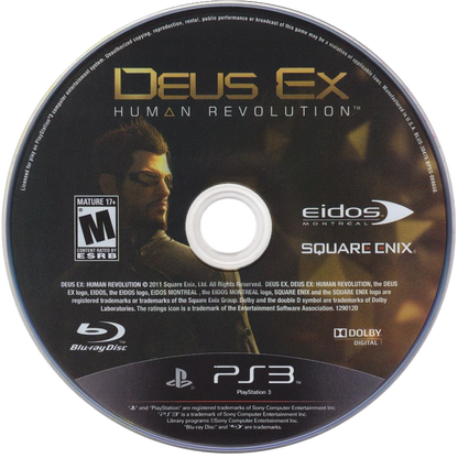 Deus Ex Human Revolution disc cover art for PlayStation 3 (PS3) video game. 