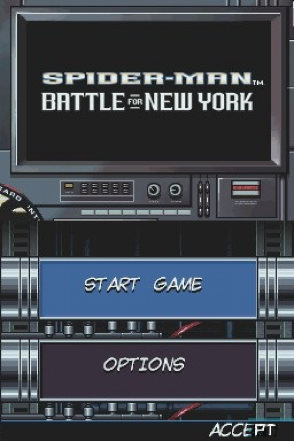 Spider-Man Battle for New York for Nintendo DS, title screen for an action-adventure video game with superhero combat, web-slinging gameplay, mission-based progression, and comic-inspired storyline