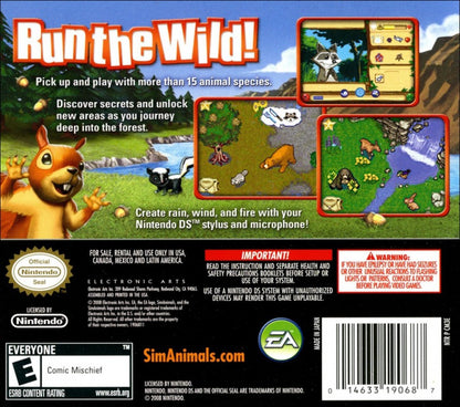 SimAnimals for Nintendo DS with animal interaction and wilderness exploration simulation theme back cover