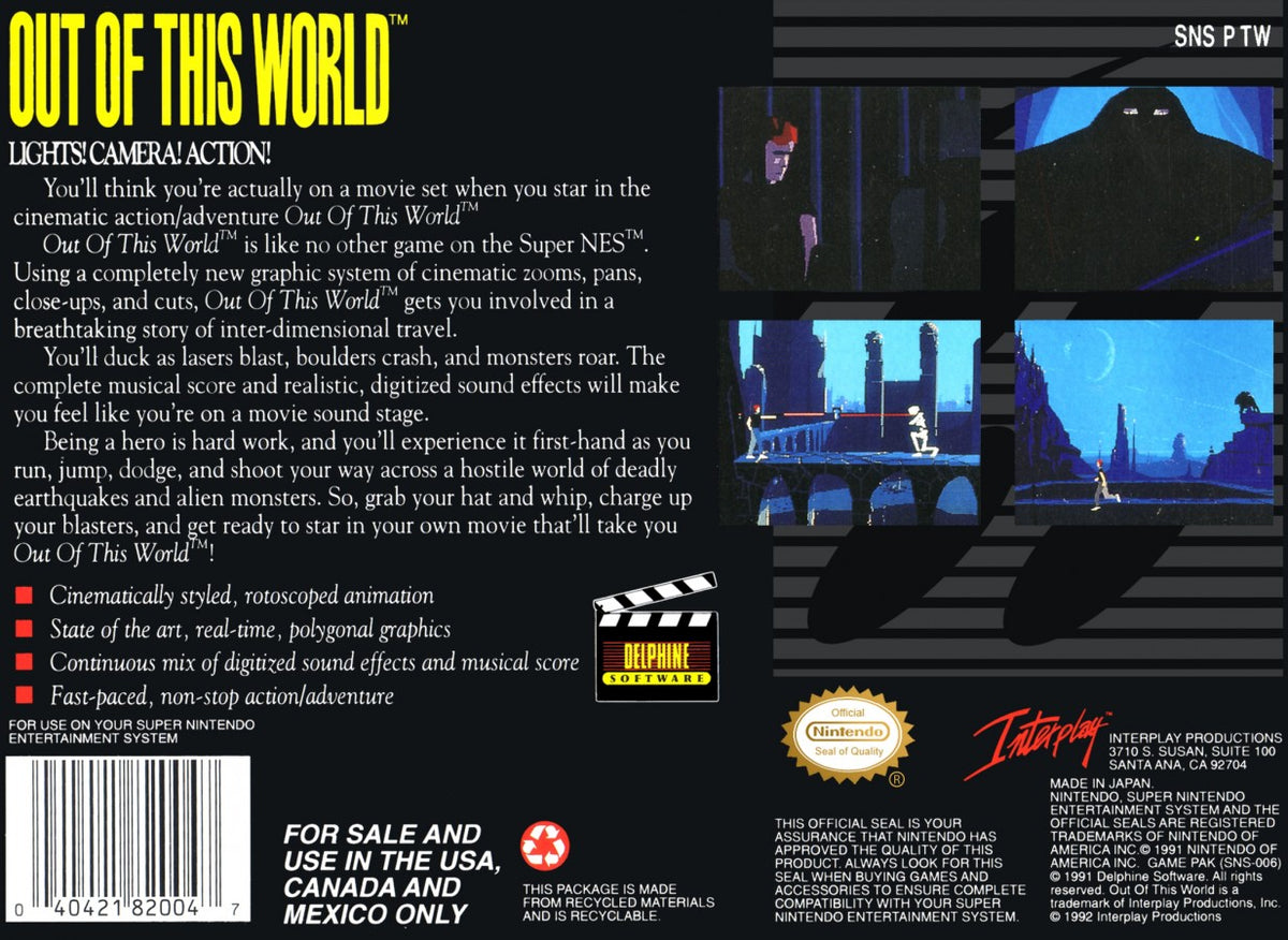 Out of This World Super Nintendo Entertainment System SNES video game featuring cinematic action adventure gameplay alien world exploration platforming challenges puzzle solving sci fi environments mysterious enemies and immersive storytelling classic 16 bit Nintendo gameplay retro video game collection collectible gaming appeal back cover art