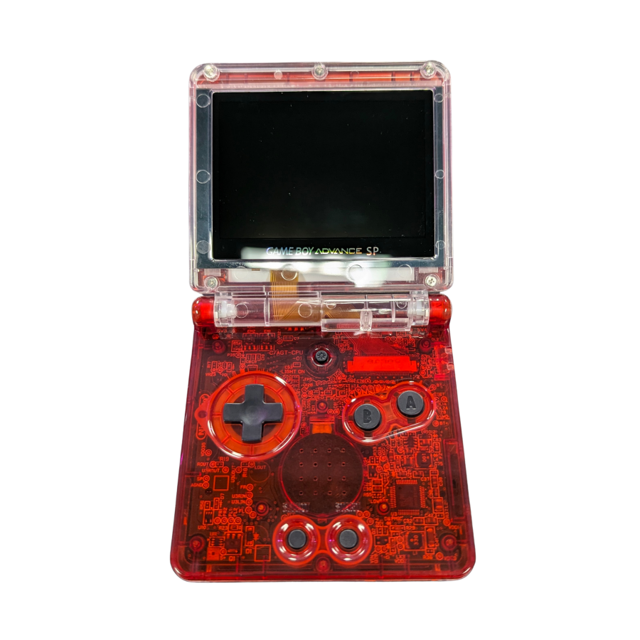 Game Boy Advance SP (GBA SP) [Custom Red Shell & IPS Screen Mod] at Gamers INC, featuring a professionally upgraded handheld experience with a crystal-clear, high-brightness IPS backlit display for modern visual fidelity, housed in a striking custom red shell that breathes new life into your classic library of Game Boy, Game Boy Color, and Game Boy Advance titles opened