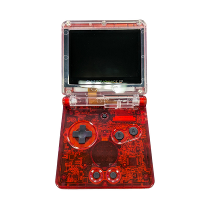 Game Boy Advance SP (GBA SP) [Custom Red Shell & IPS Screen Mod] at Gamers INC, featuring a professionally upgraded handheld experience with a crystal-clear, high-brightness IPS backlit display for modern visual fidelity, housed in a striking custom red shell that breathes new life into your classic library of Game Boy, Game Boy Color, and Game Boy Advance titles opened