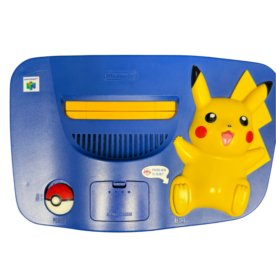 Pikachu Nintendo 64 Console N64 gaming system featuring Pikachu themed yellow console design iconic Pokémon styling built in controller ports cartridge based game support AV connectivity and classic Nintendo 64 hardware design collectible Pokémon and retro Nintendo gaming appeal top of console