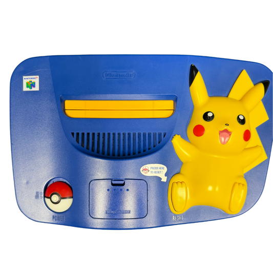 Pikachu Nintendo 64 Console N64 gaming system featuring Pikachu themed yellow console design iconic Pokémon styling built in controller ports cartridge based game support AV connectivity and classic Nintendo 64 hardware design collectible Pokémon and retro Nintendo gaming appeal top of console