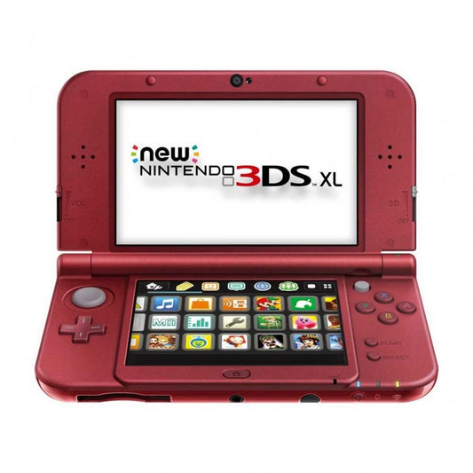 Nintendo New 3DS XL Red System inspired design featuring handheld gaming console aesthetic vibrant red finish large dual screen display enhanced processing power glasses free 3D technology iconic Nintendo clamshell hardware and portable gaming presentation open partial