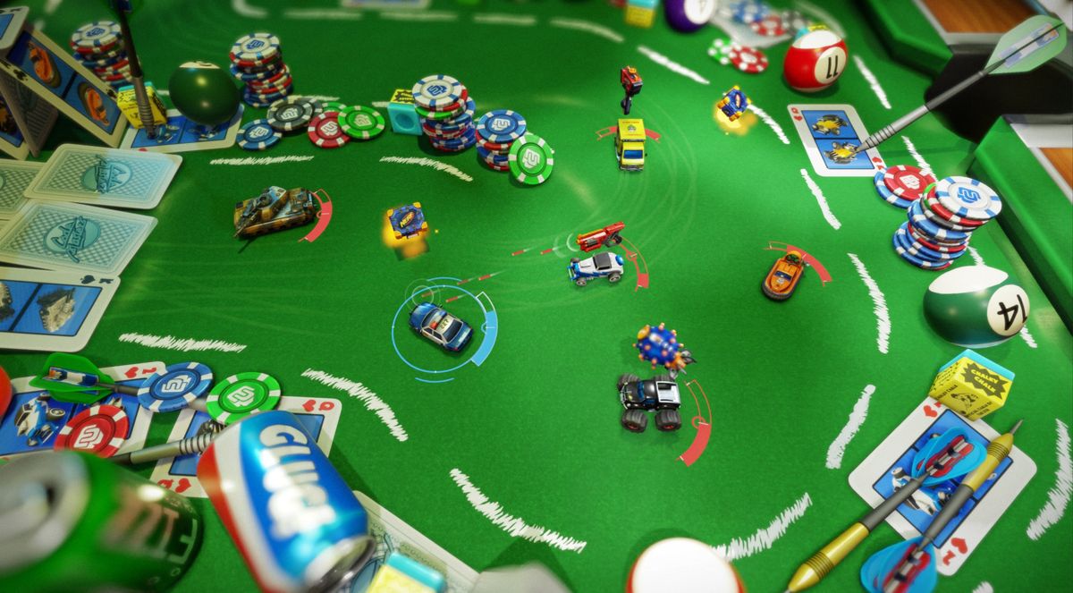 Micro Machines World Series PlayStation 4 PS4 arcade racing video game miniature vehicles household environments kitchen table garden workshop multiplayer chaos up to 12 players online four player local split-screen unique vehicle abilities special weapons power-ups Hasbro integration NERF blasters G.I. JOE tank Battle Mode arenas Capture the Flag King of the Hill mode gameplay