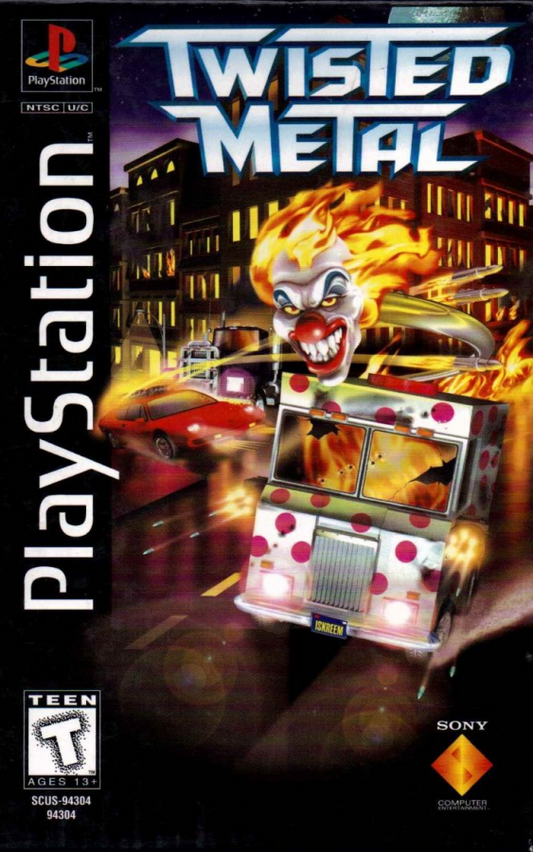 Twisted Metal Long Box Sony PlayStation 1 PS1 video game featuring vehicular combat gameplay weapon based battles explosive vehicle action destructive arenas iconic Twisted Metal characters competitive gameplay long box edition retro video game collection collectible gaming appeal cover art