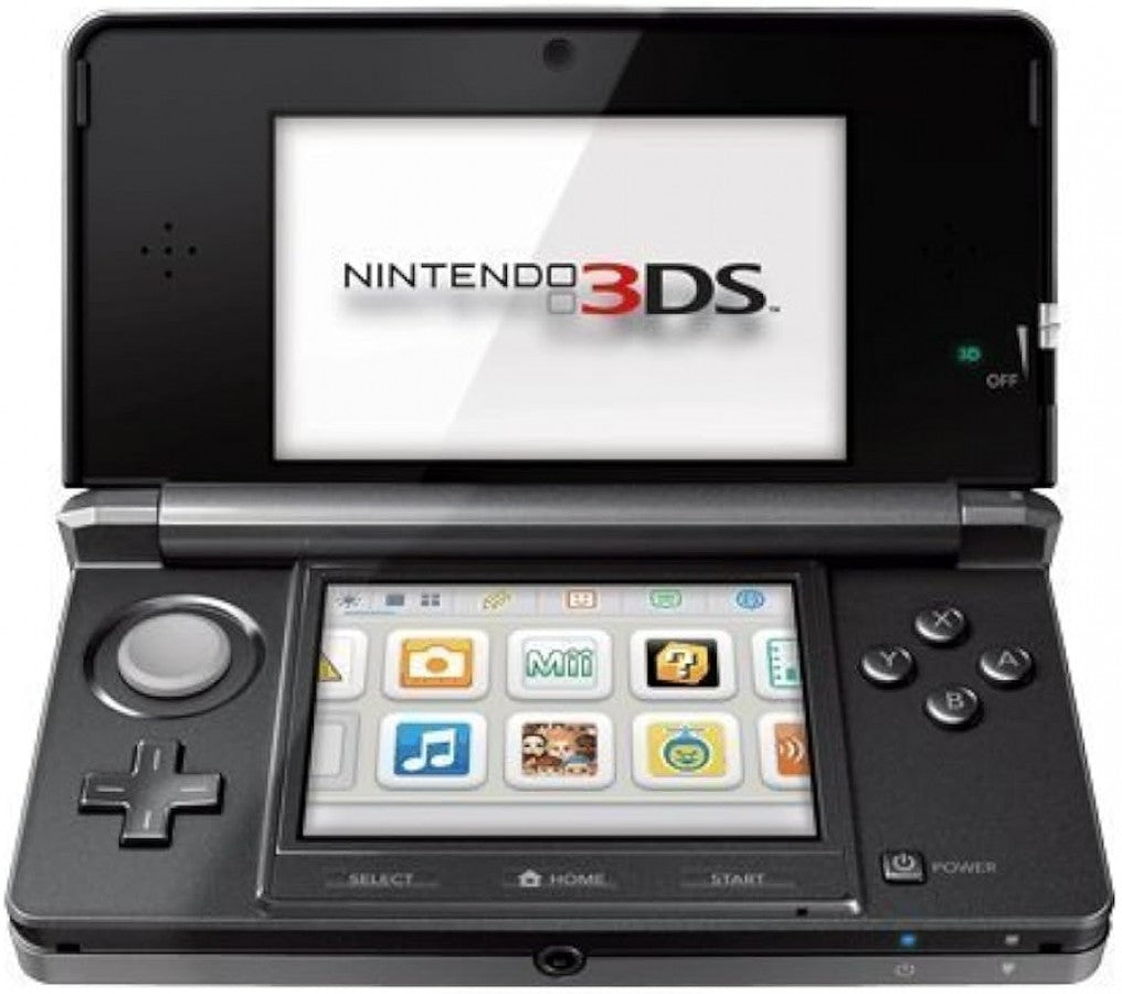 Nintendo 3DS handheld console original model Cosmo Black finish autostereoscopic 3D display glasses-free 3D technology dual screens StreetPass functionality Nintendo portable gaming system open and on