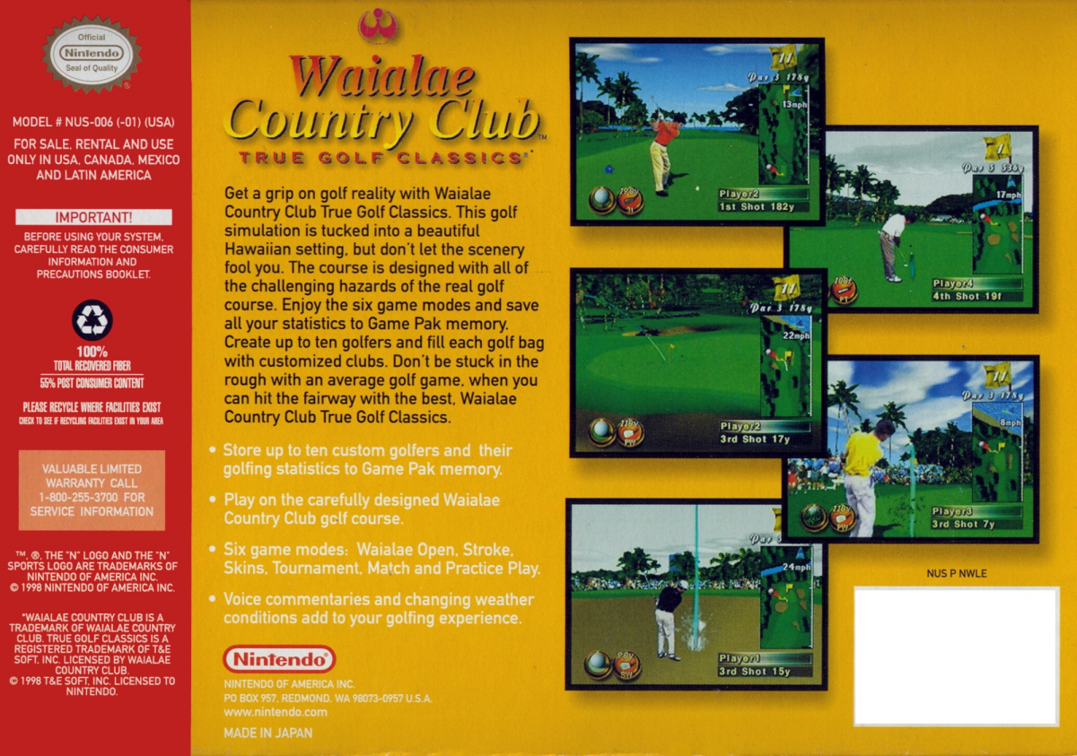 Waialae Country Club back cover art for Nintendo 64 N64 video game