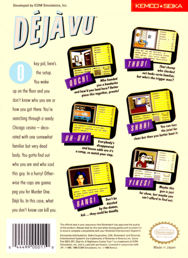 Deja Vu back of box for Nintendo Entertainment System NES retro video game