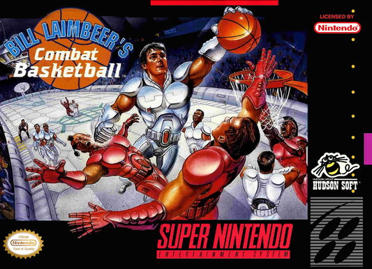 Bill Laimbeer's Combat Basketball Super Nintendo SNES futuristic sports video game set in 2030 weapons and mines legal no referees robot players overhead perspective league play front box cover