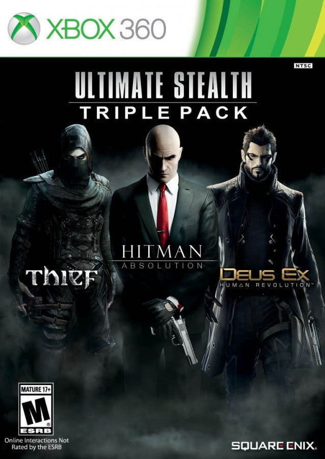 Ultimate Stealth Triple Pack Xbox 360 compilation bundle containing Thief stealth first-person action Hitman Absolution assassination sandbox and Deus Ex Human Revolution cyberpunk immersive sim RPG front cover