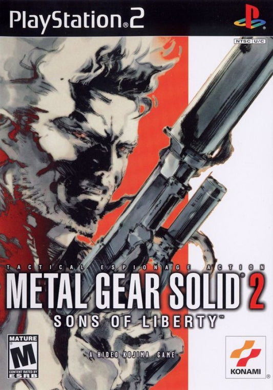 Metal Gear Solid 2: Sons of Liberty PlayStation 2 (PS2) cover art featuring stealth action gameplay with Solid Snake and Raiden in a cinematic espionage adventure.