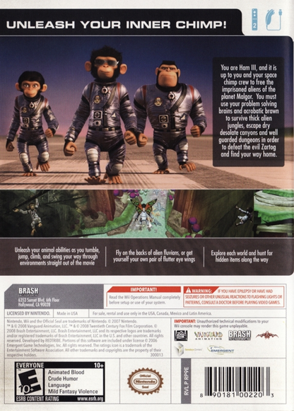 Space Chimps for Wii family friendly action adventure video game featuring intergalactic missions quirky characters motion controlled gameplay and humorous animated movie inspired experience back cover