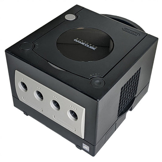 Black Nintendo GameCube front view with controller ports on cube design.
