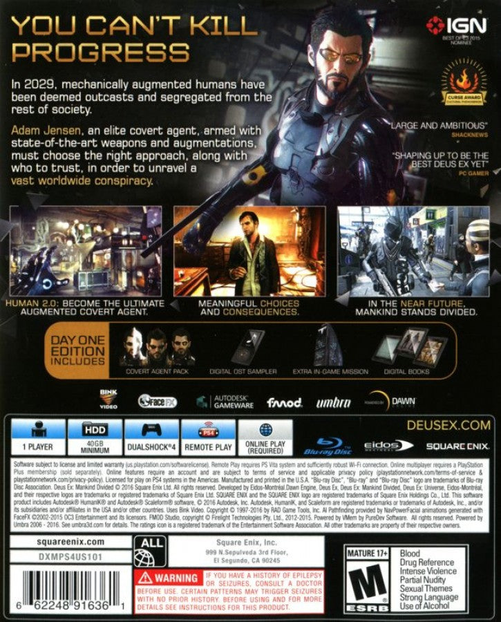 Deus Ex Mankind Divided Day One Edition retro PlayStation 4 video game Deus Ex cyberpunk action RPG stealth futuristic combat sci fi adventure console title PlayStation 4 release back of case