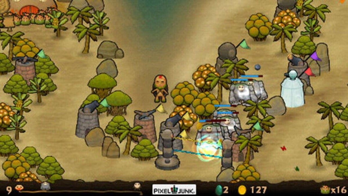 PixelJunk Monsters Deluxe PlayStation Portable PSP inspired design featuring tower defense strategy gameplay aesthetic vibrant hand drawn jungle environments creature wave defense mechanics strategic placement systems cooperative style challenges and portable arcade strategy presentation gameplay 