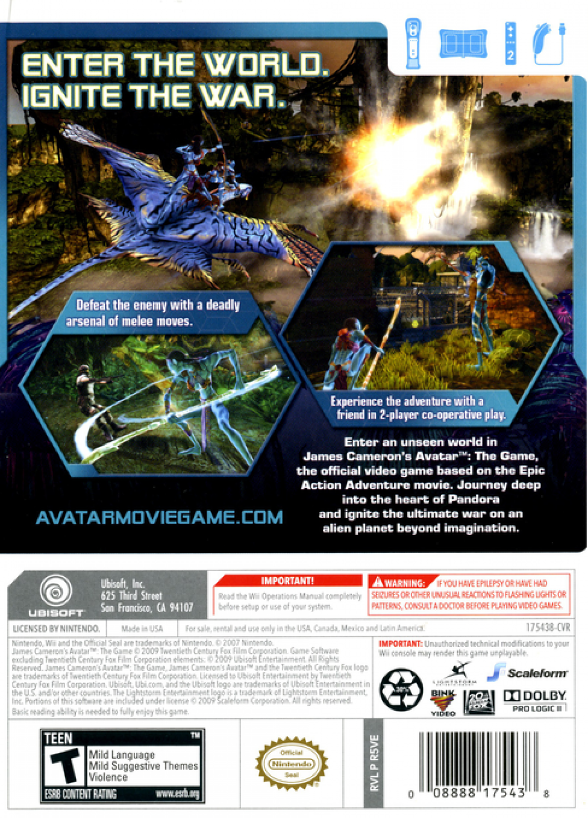 James Cameron's Avatar The Game Nintendo Wii for action adventure video game fans featuring Pandora exploration Na'vi and human factions alien wildlife combat customizable characters motion controls third person action missions colorful environments and immersive science fiction adventure collectible gaming appeal back cover art