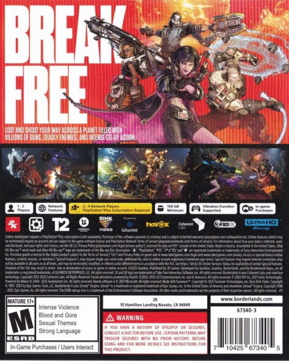 Borderlands 4 back of box for PlayStation 5 (PS5) action shooter video game