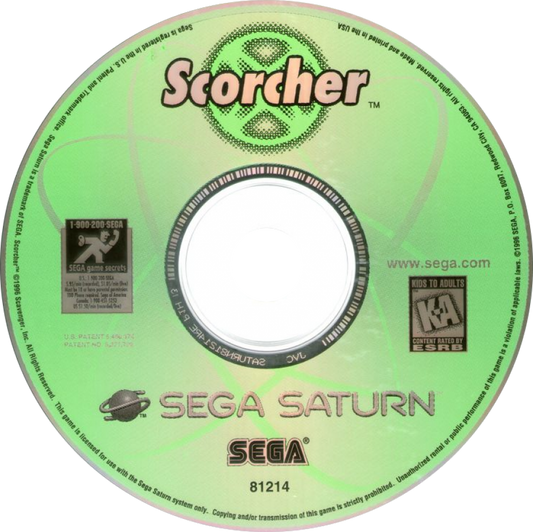 Scorcher Sega Saturn futuristic racing game high speed anti gravity racing tunnel tracks vehicle combat Psygnosis arcade racing sci fi racing gameplay retro Saturn game Sega Saturn software video game title disc