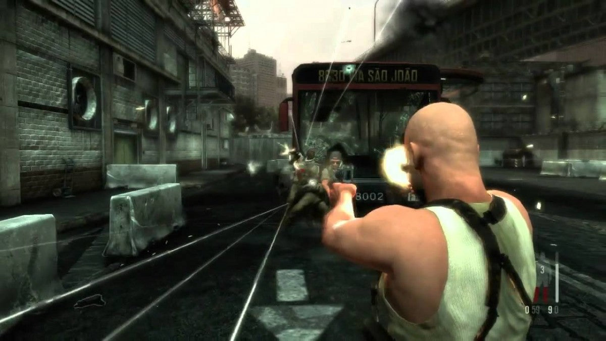 Max Payne 3 Xbox 360 third-person cinematic shooter video game featuring Bullet Time physics Max Payne in São Paulo Brazil bodyguard narrative cover shooting and multiplayer gang wars developed by Rockstar Games gameplay screenshot