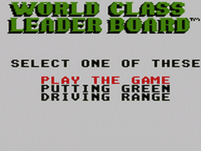 World Class Leader Board Golf title screen for Sega Game Gear (GG) video game