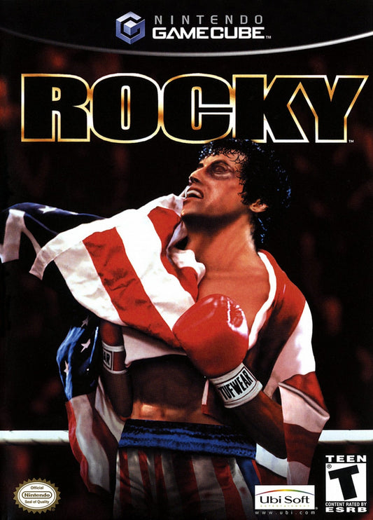 Cover art for Rocky GameCube GC video game, boxing sports action, fight simulation, multiplayer, classic Nintendo GameCube title, movie tie-in