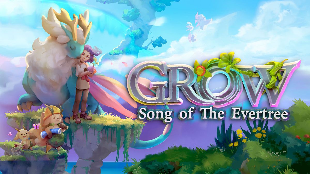 Grow Song of the Evertree for Nintendo Switch, title screen for a life simulation adventure video game with world-building gameplay, exploration, crafting, and relaxing sandbox elements