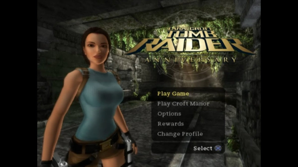 Tomb Raider Anniversary PS2 Sony PlayStation 2 action adventure game Lara Croft platforming puzzle solving exploration remake classic Tomb Raider Core Design Crystal Dynamics third person adventure PlayStation 2 software video game title title screen