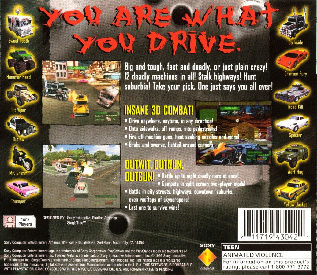 Twisted Metal for PlayStation 1, back of case for a vehicular combat video game with car battles, destructive weapons, arena-based action, and classic arcade-style multiplayer gameplay